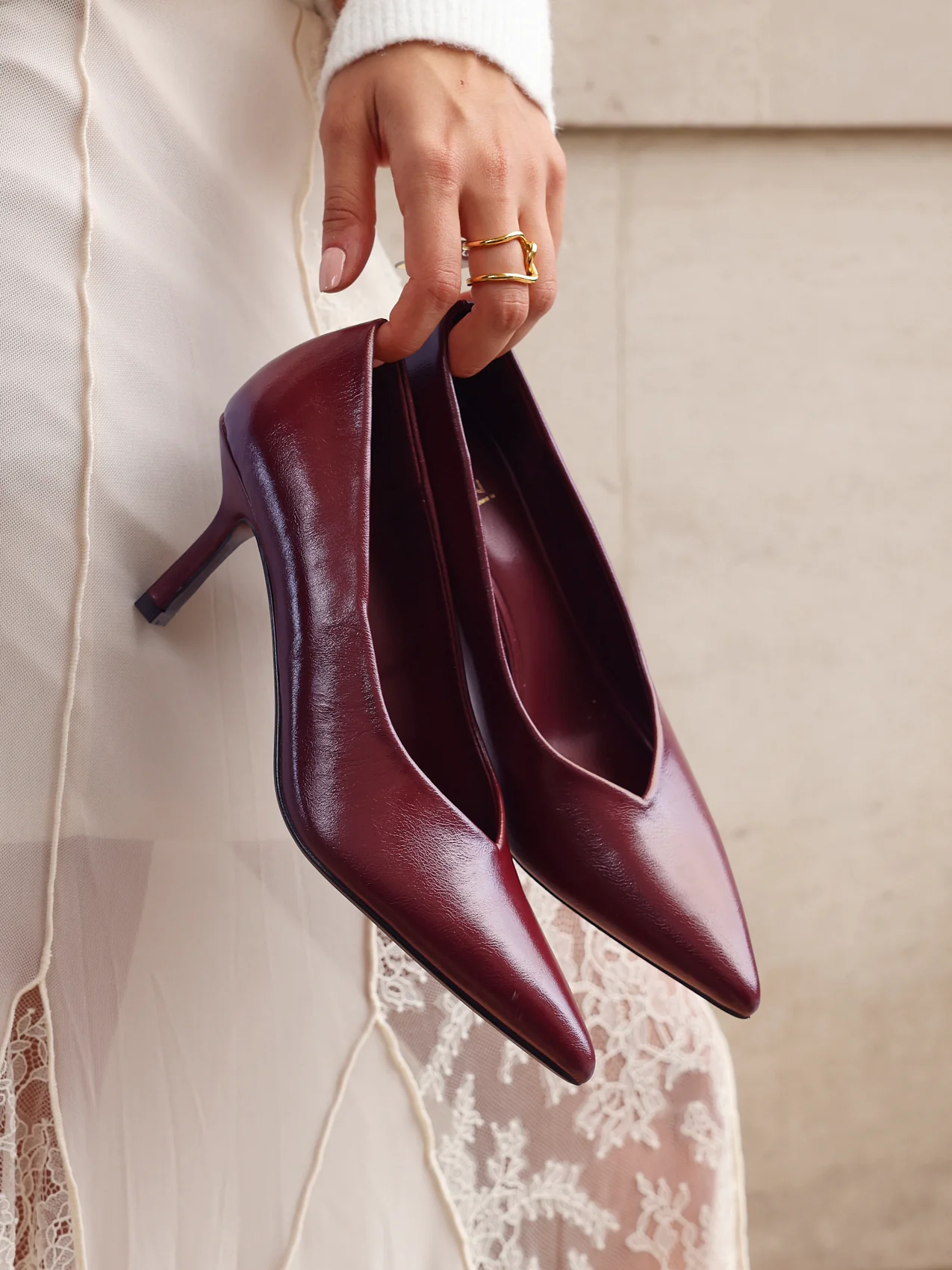 Bellamy Burgundy Faux Leather V-Cut Court Heels
