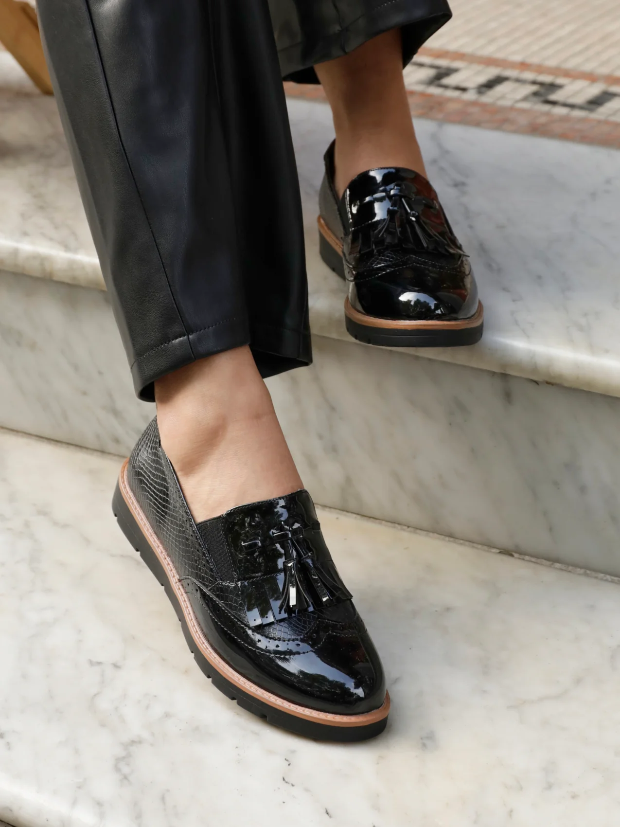 Bowen Black Patent & Lizard Faux Leather Loafers - Image 5
