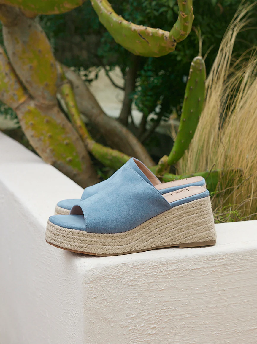 Espresso Pale Blue Faux Suede Espadrille Mule Wedges - Image 6