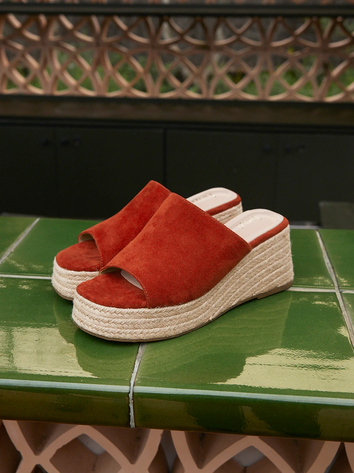 Espresso Rust Faux Suede Espadrille Mule Wedges