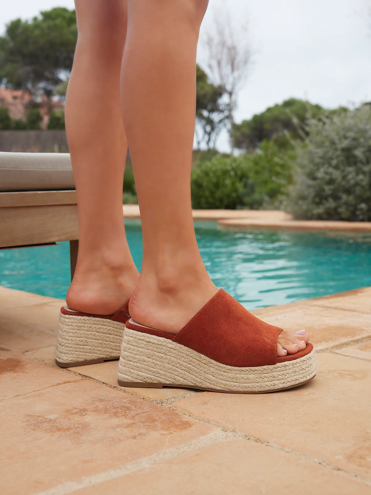 Espresso Rust Faux Suede Espadrille Mule Wedges - Image 6