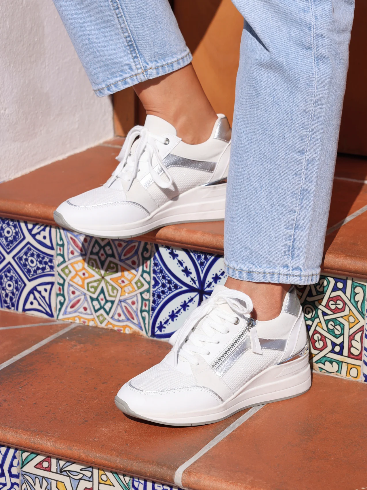 Everett White & Silver Wedged Trainers - Image 7