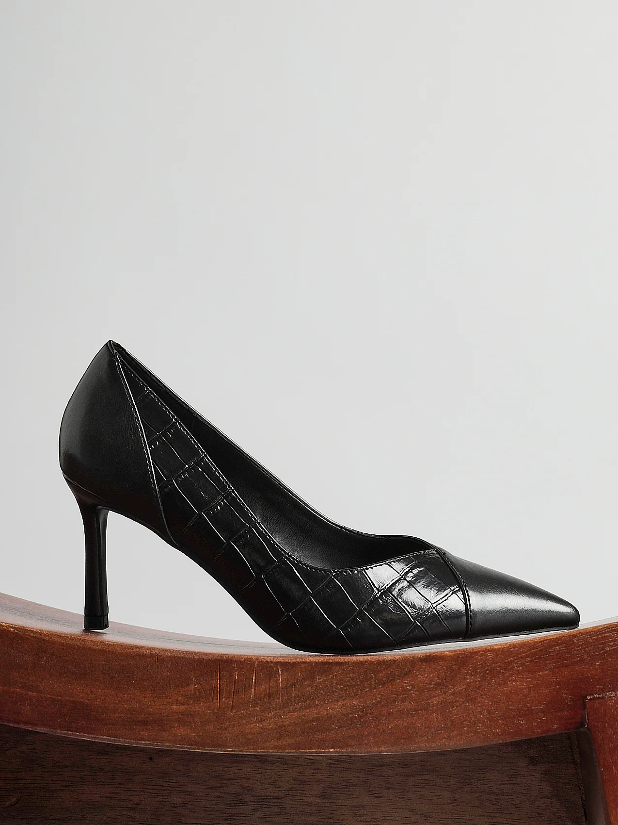 Gaia Black Faux Leather Mix Croc Court Heels