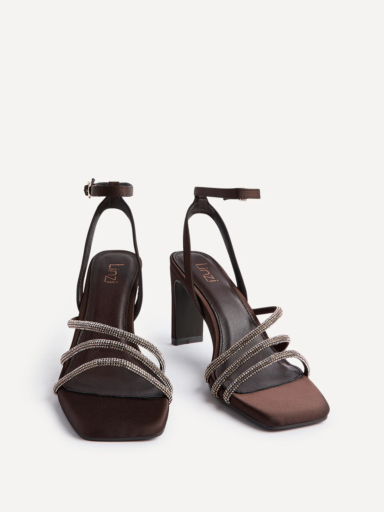 Glimmer Brown Satin Diamante Block Heels - Image 3