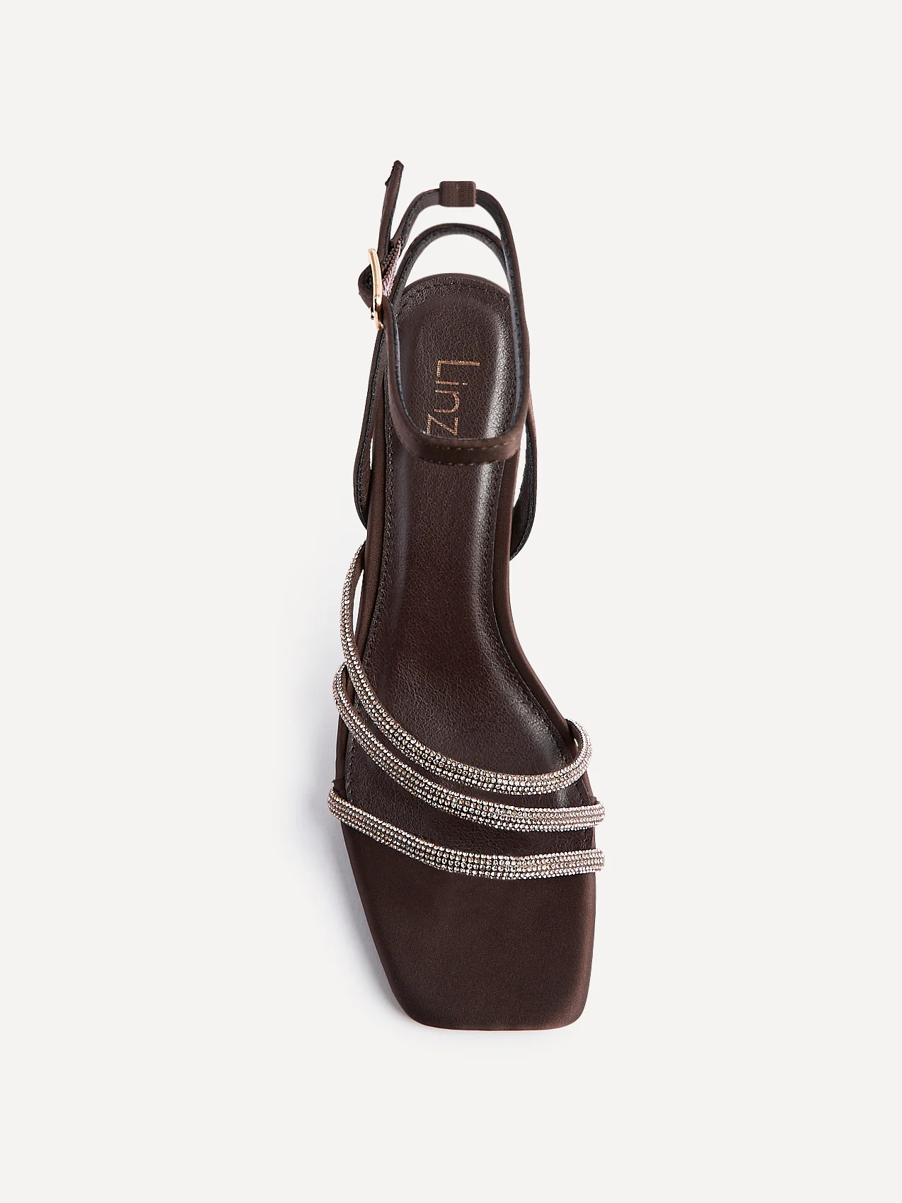 Glimmer Brown Satin Diamante Block Heels - Image 4