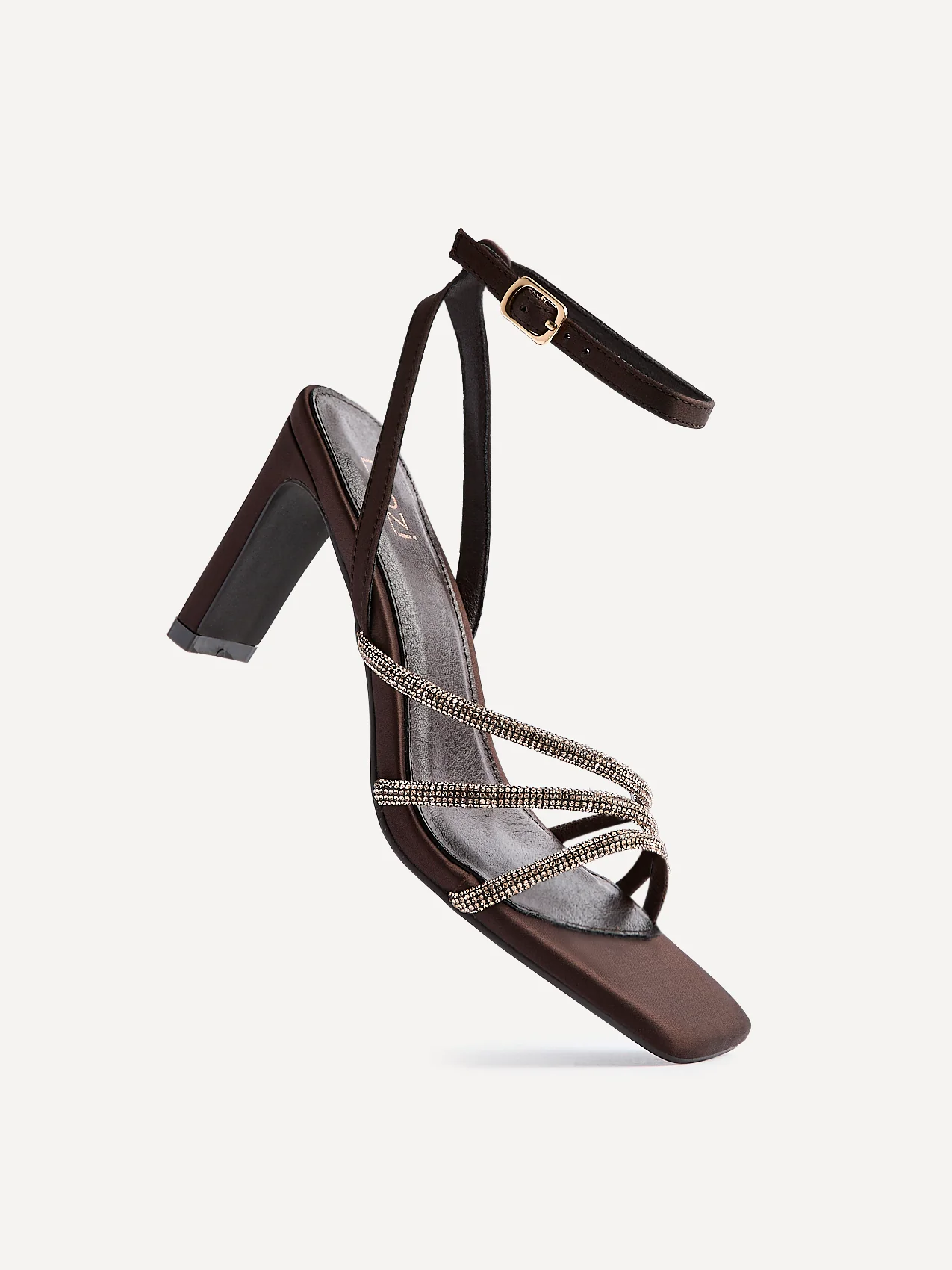 Glimmer Brown Satin Diamante Block Heels - Image 5
