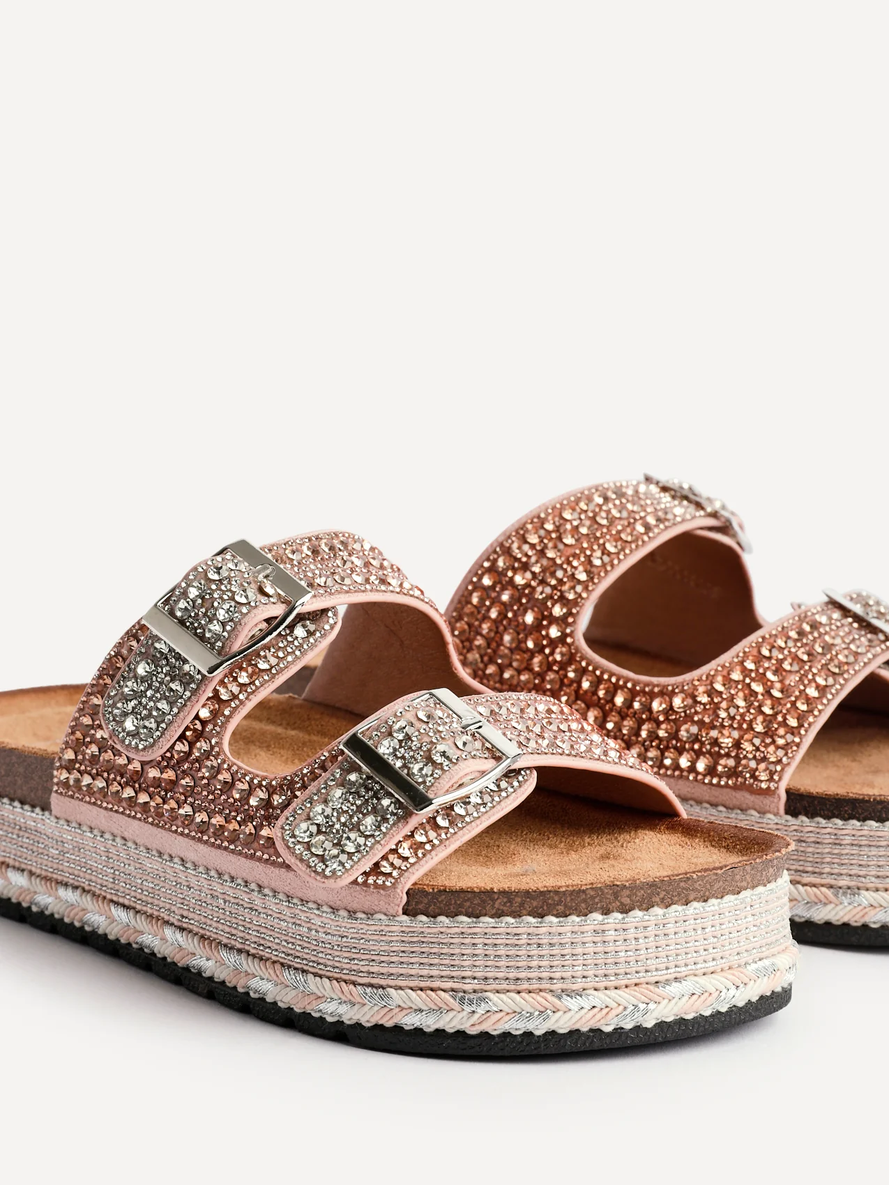 Glitzy Rose Gold Diamante Flatform Slider Sandals - Image 5