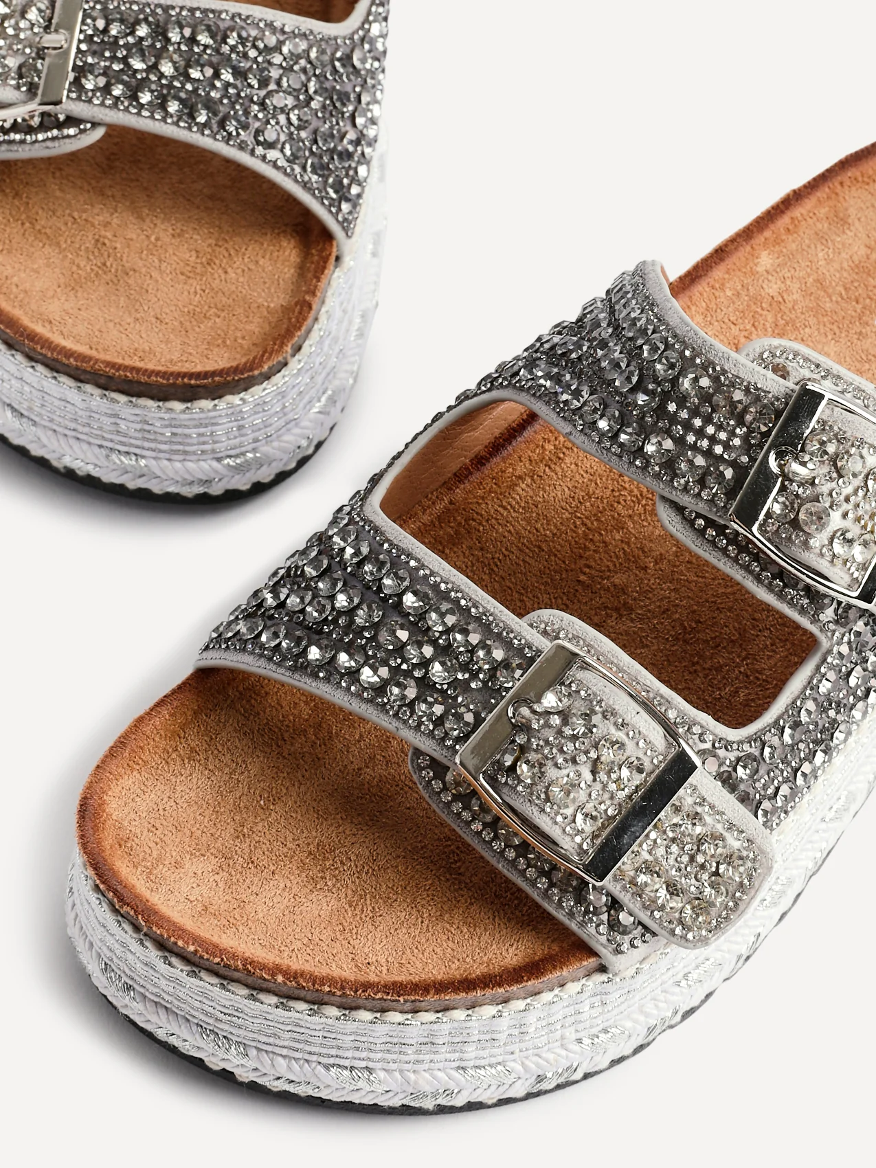Glitzy Silver Diamante Flatform Slider Sandals - Image 5