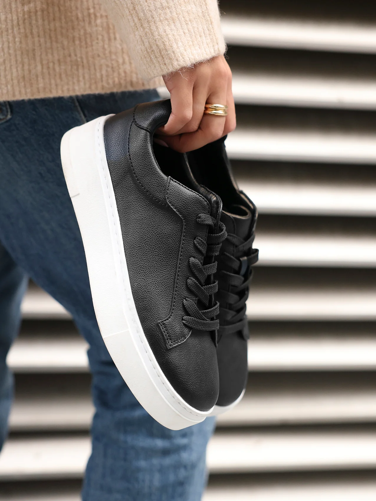Jersey Black Faux Leather Trainers - Image 6