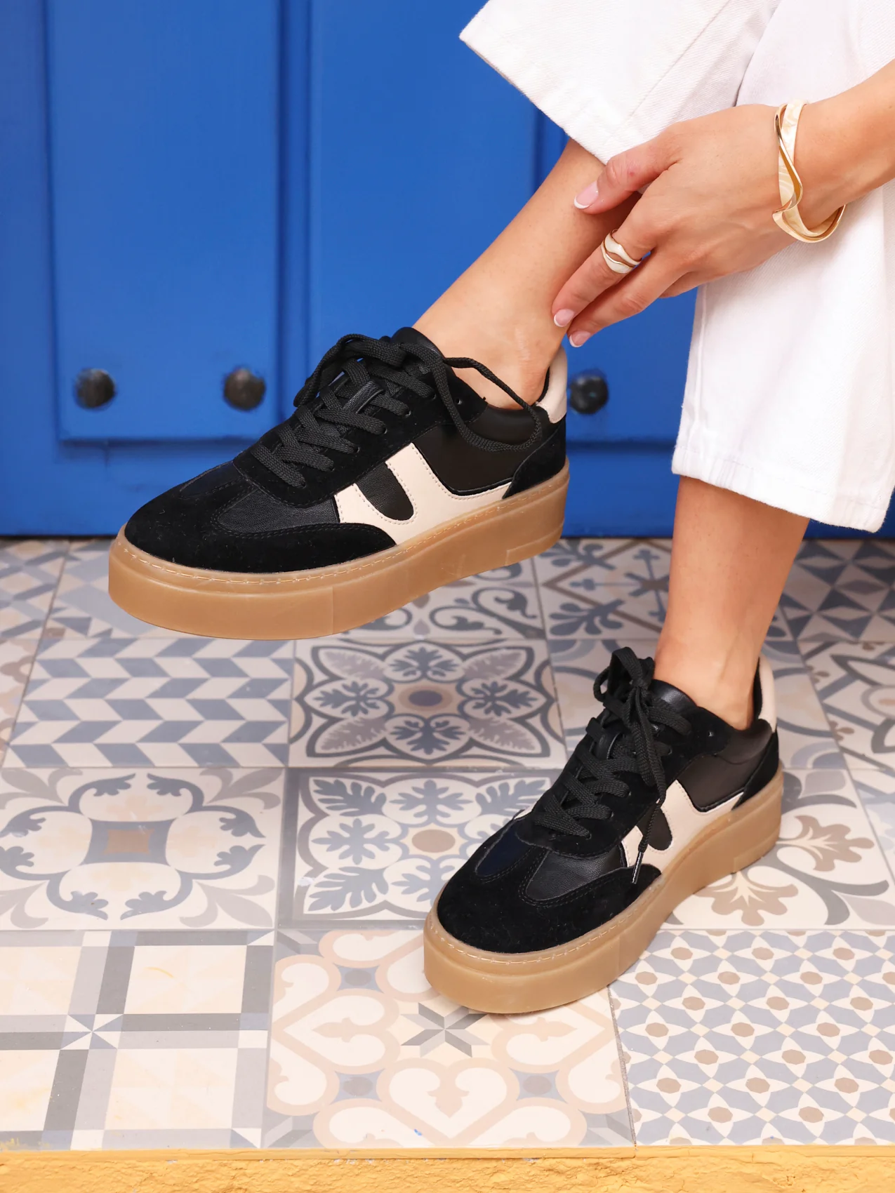 Kaia Black and Nude Faux Leather Trainers - Image 6