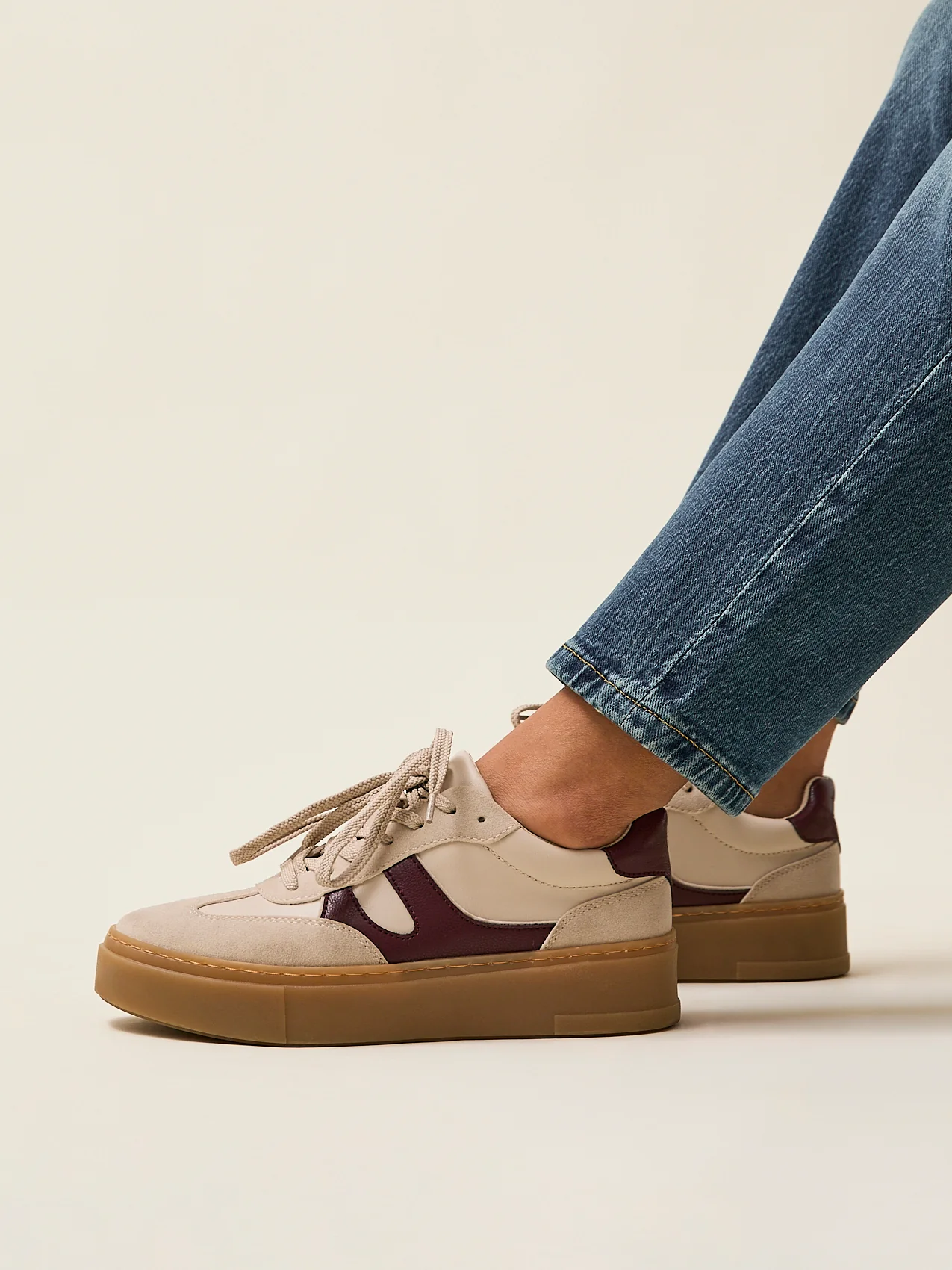 Kaia Nude and Burgundy Faux Leather Trainers - Image 6
