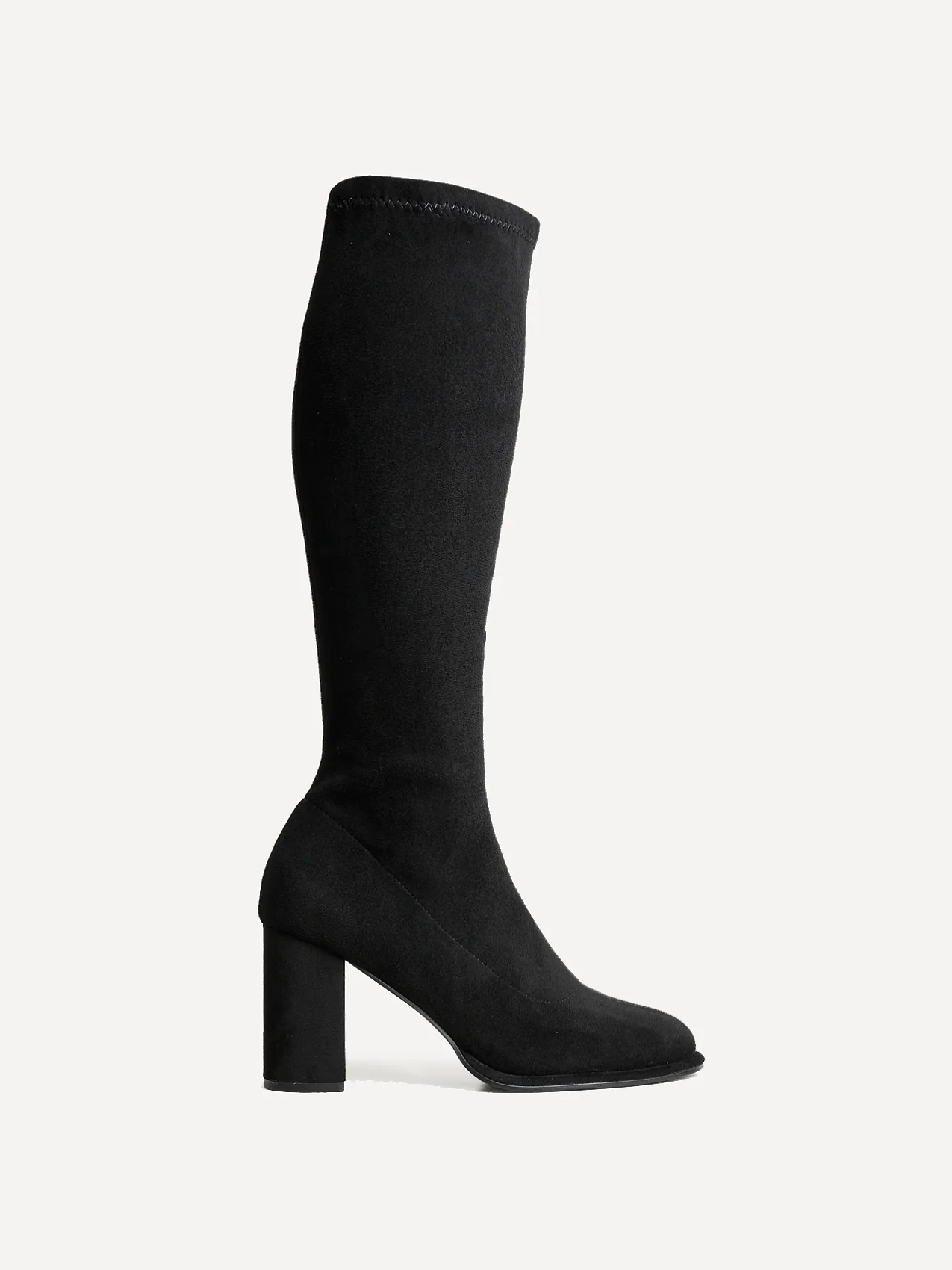 Kylie Black Stretch Long Block Heeled Boots - Image 2