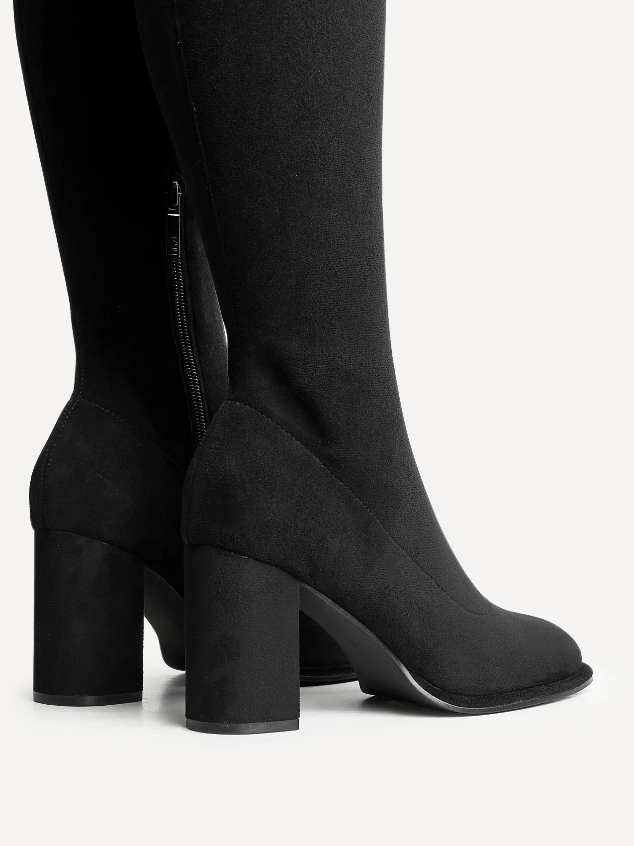 Kylie Black Stretch Long Block Heeled Boots - Image 5