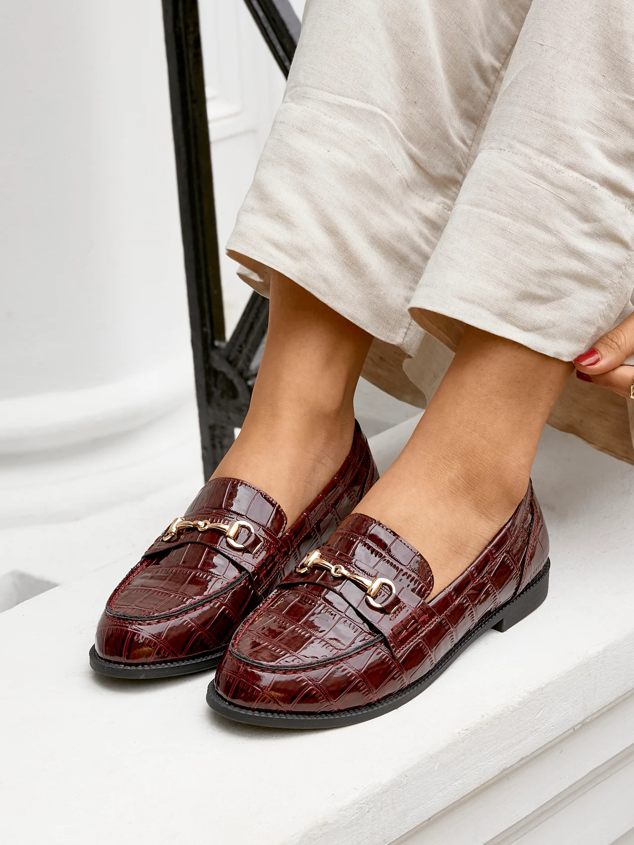 Maison Burgundy Faux Croc Patent Leather Loafers - Image 7