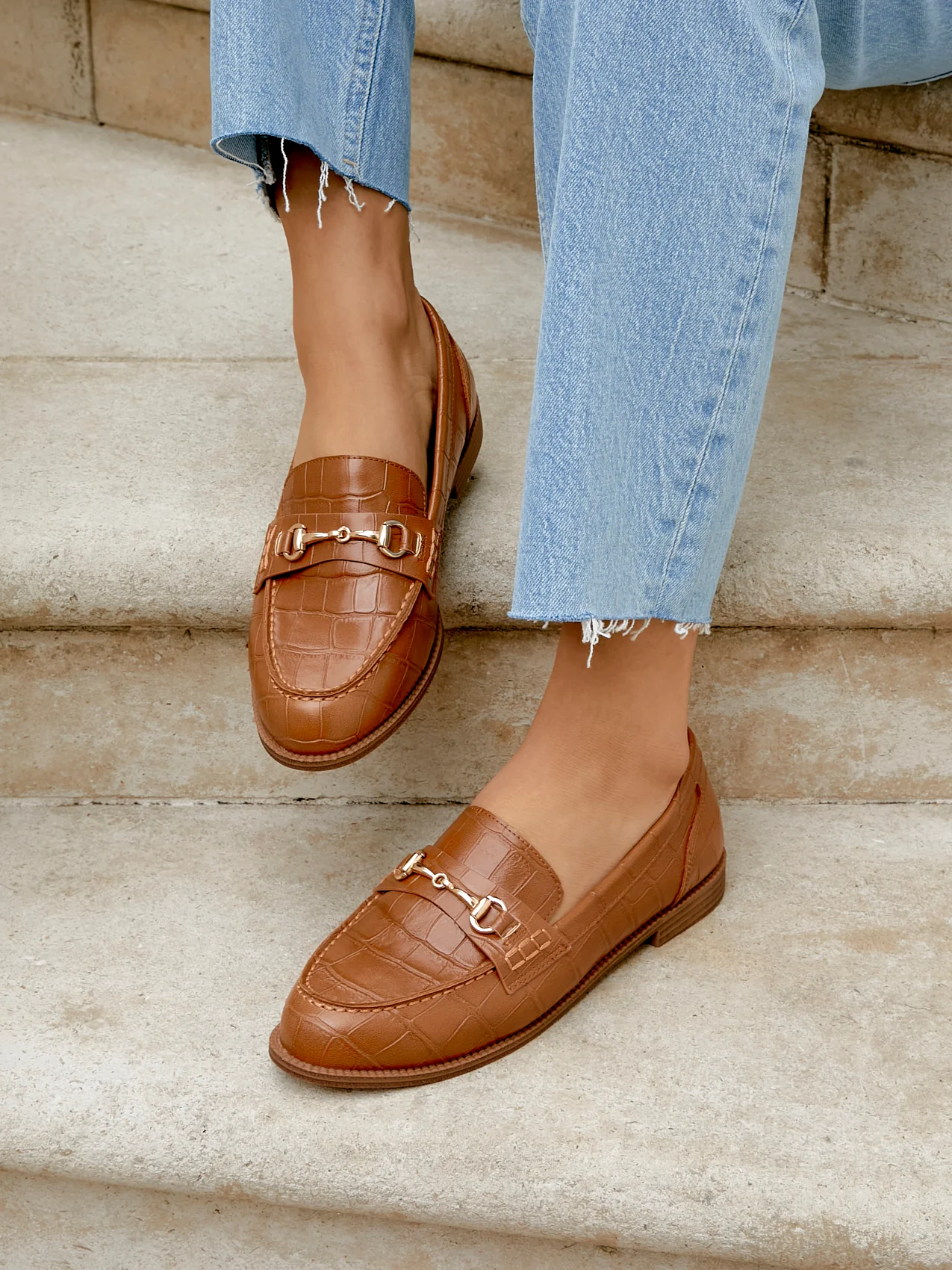 Maison Tan Faux Croc Patent Leather Loafers - Image 6