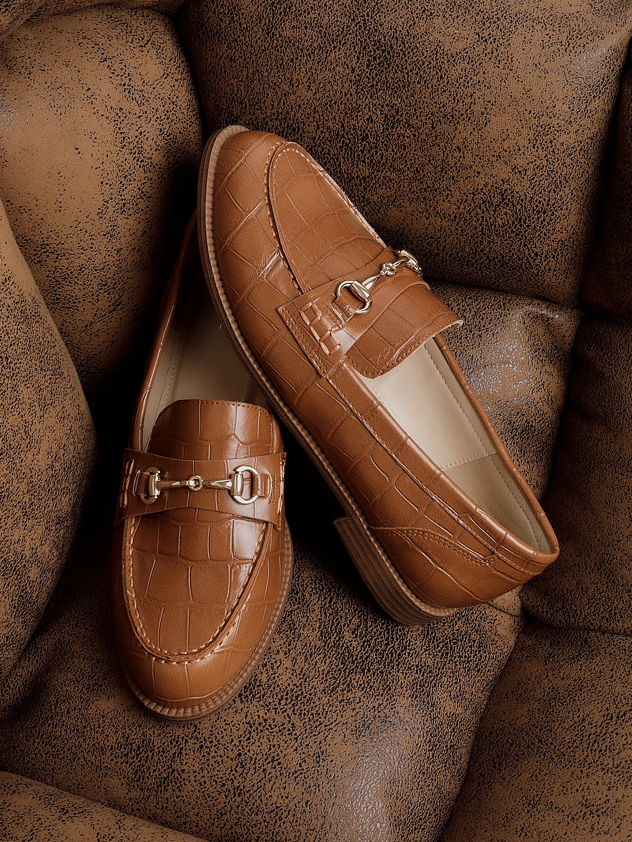 Maison Tan Faux Croc Patent Leather Loafers - Image 7