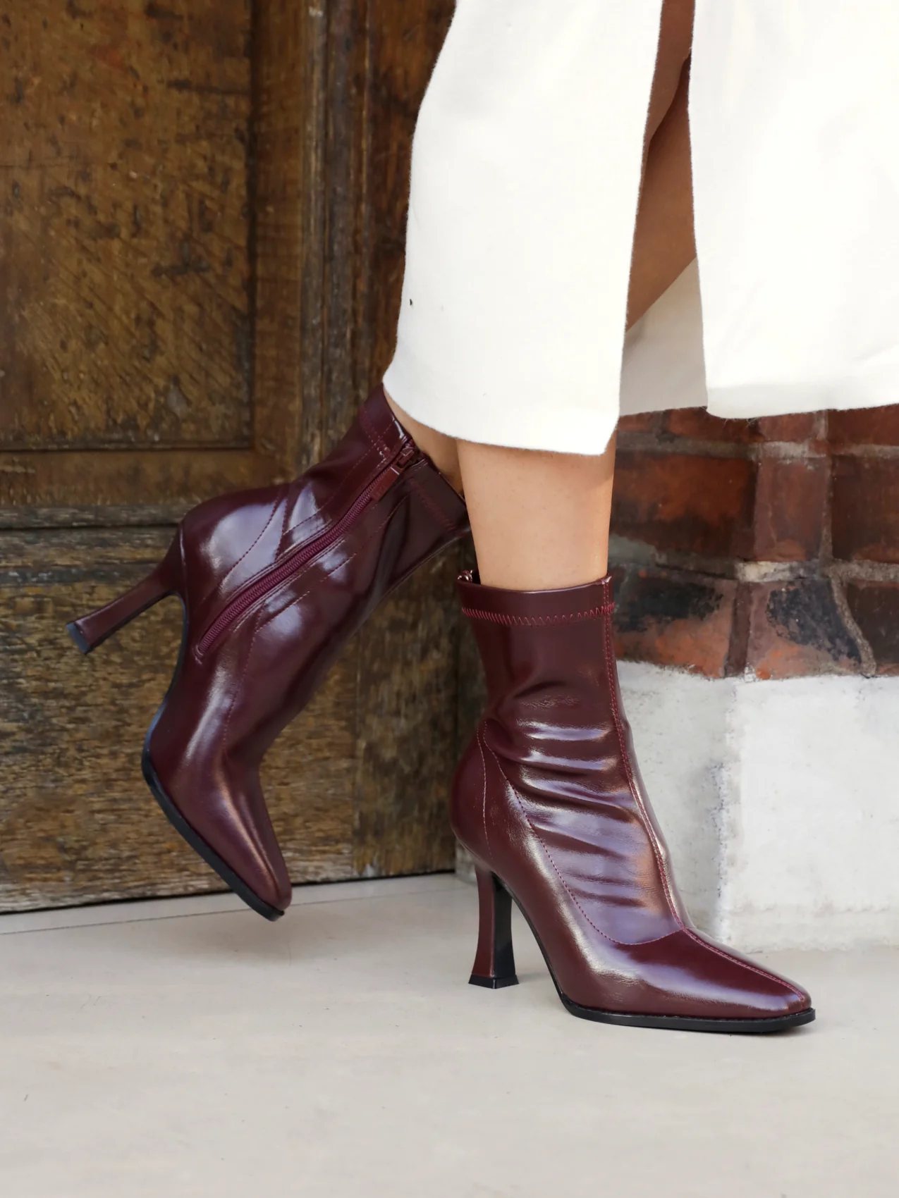 Noelle Burgundy Faux Leather Heeled Sock Boots - Image 6