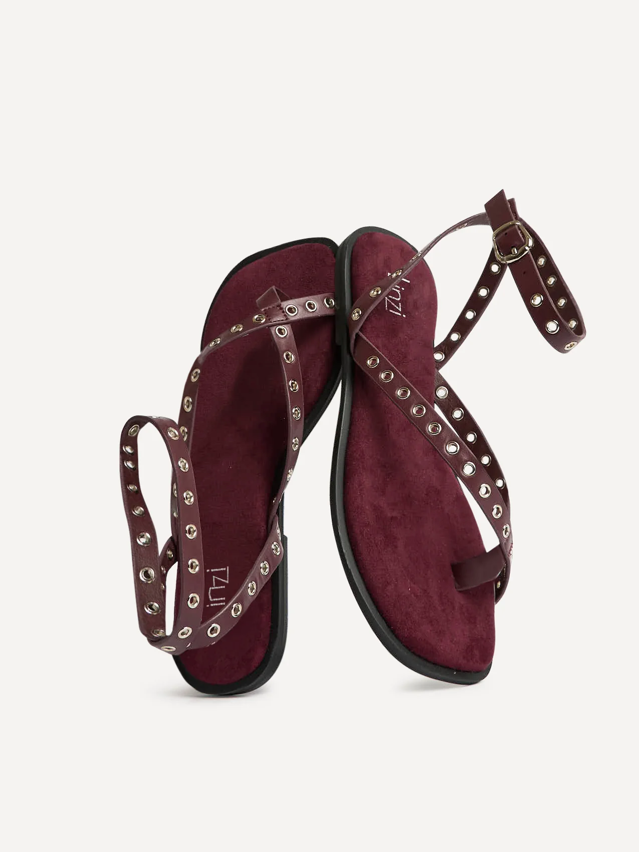 Perrie Burgundy Faux Suede Flat Sandals - Image 5