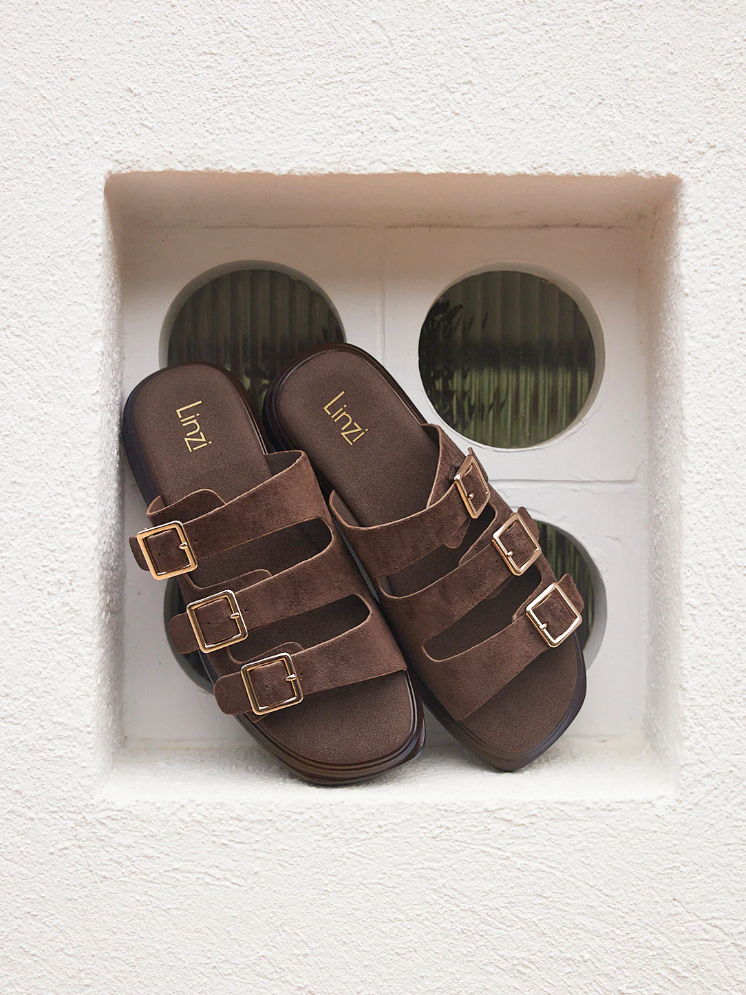 Satellite Brown Faux Suede Flat Sandals - Image 7