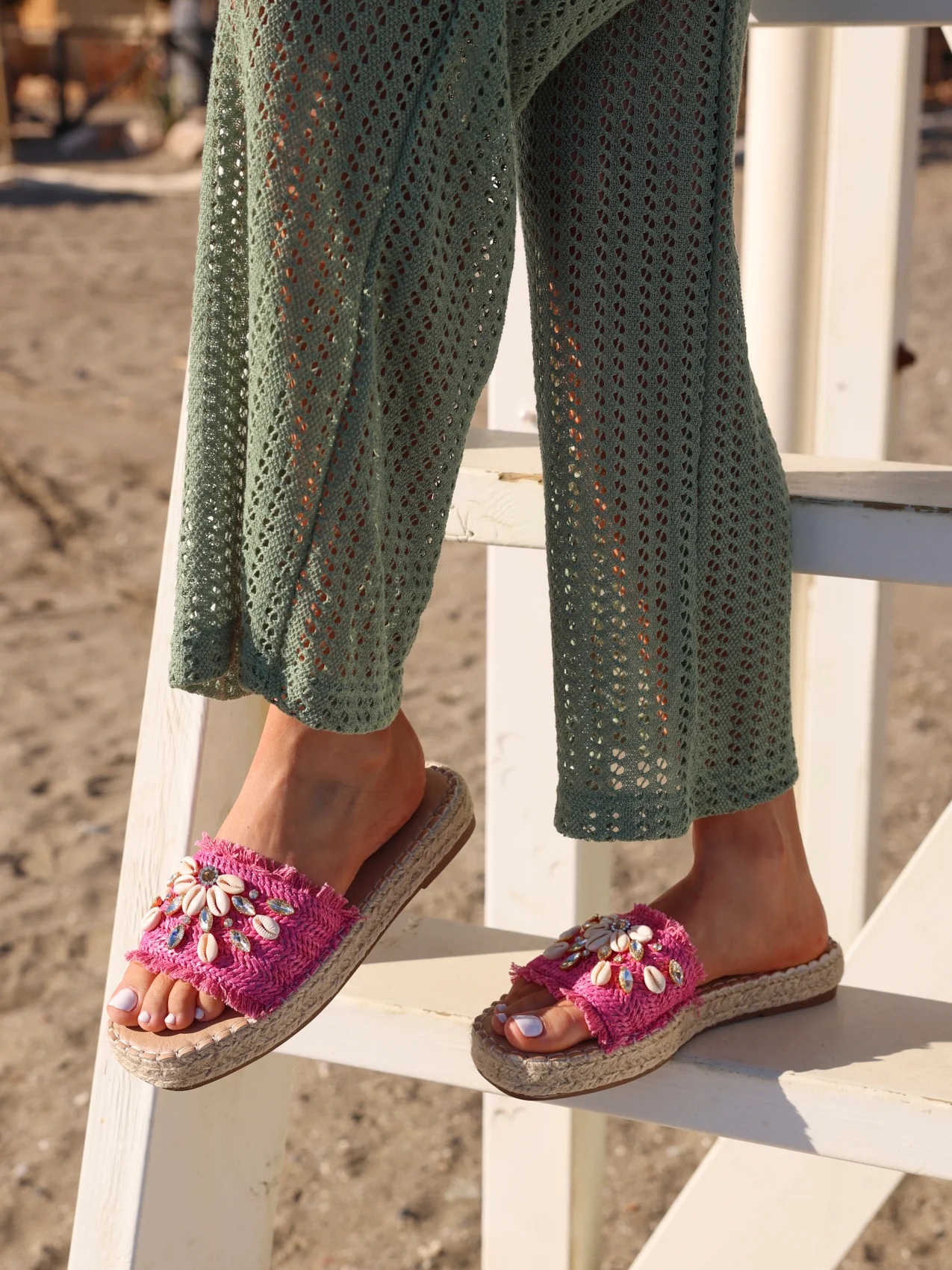 Seaside Fuchsia Raffia Embellished Sliders - Image 6