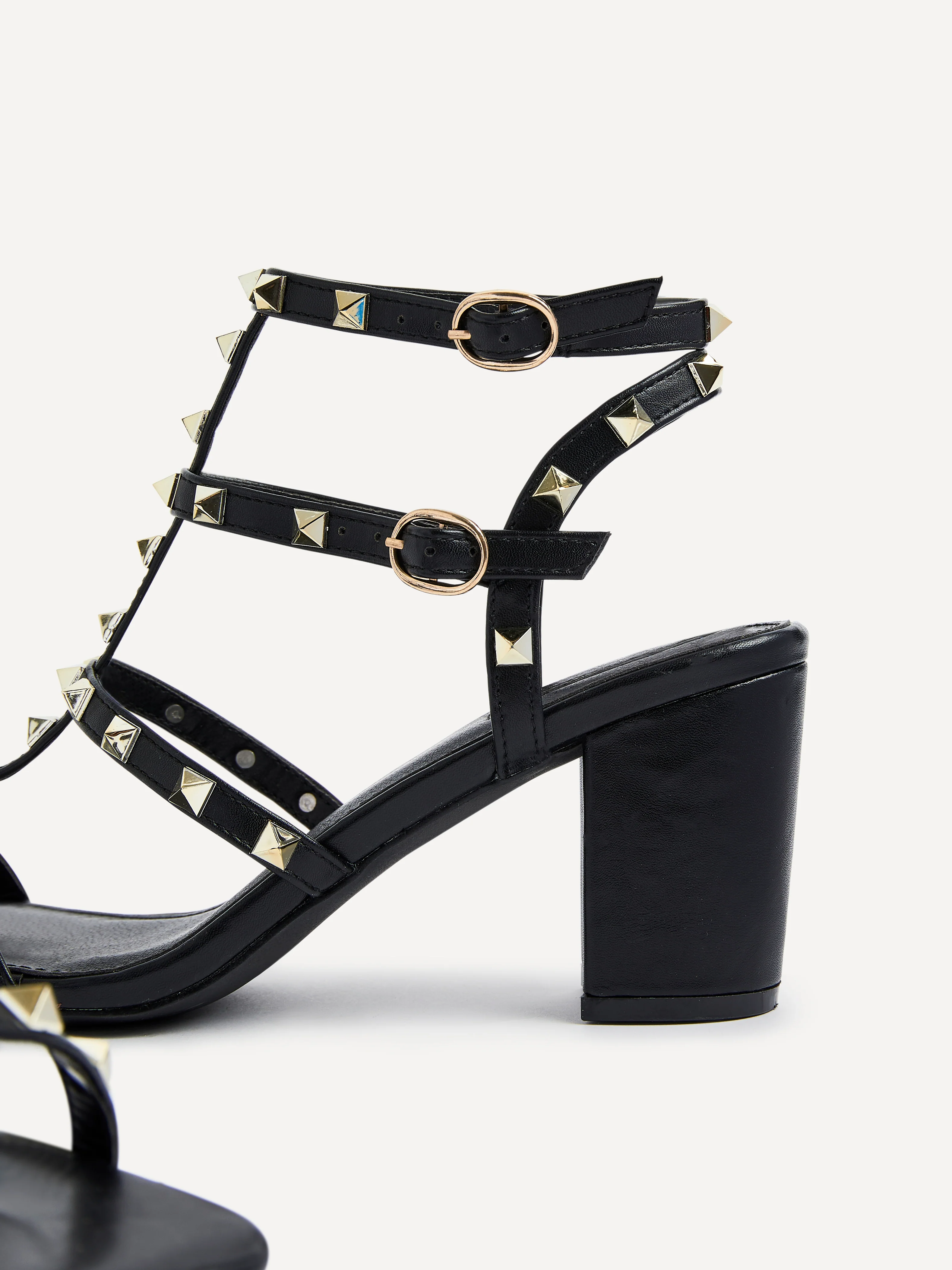 Tessa Black & Gold Studded Block Heel Sandals - Image 4