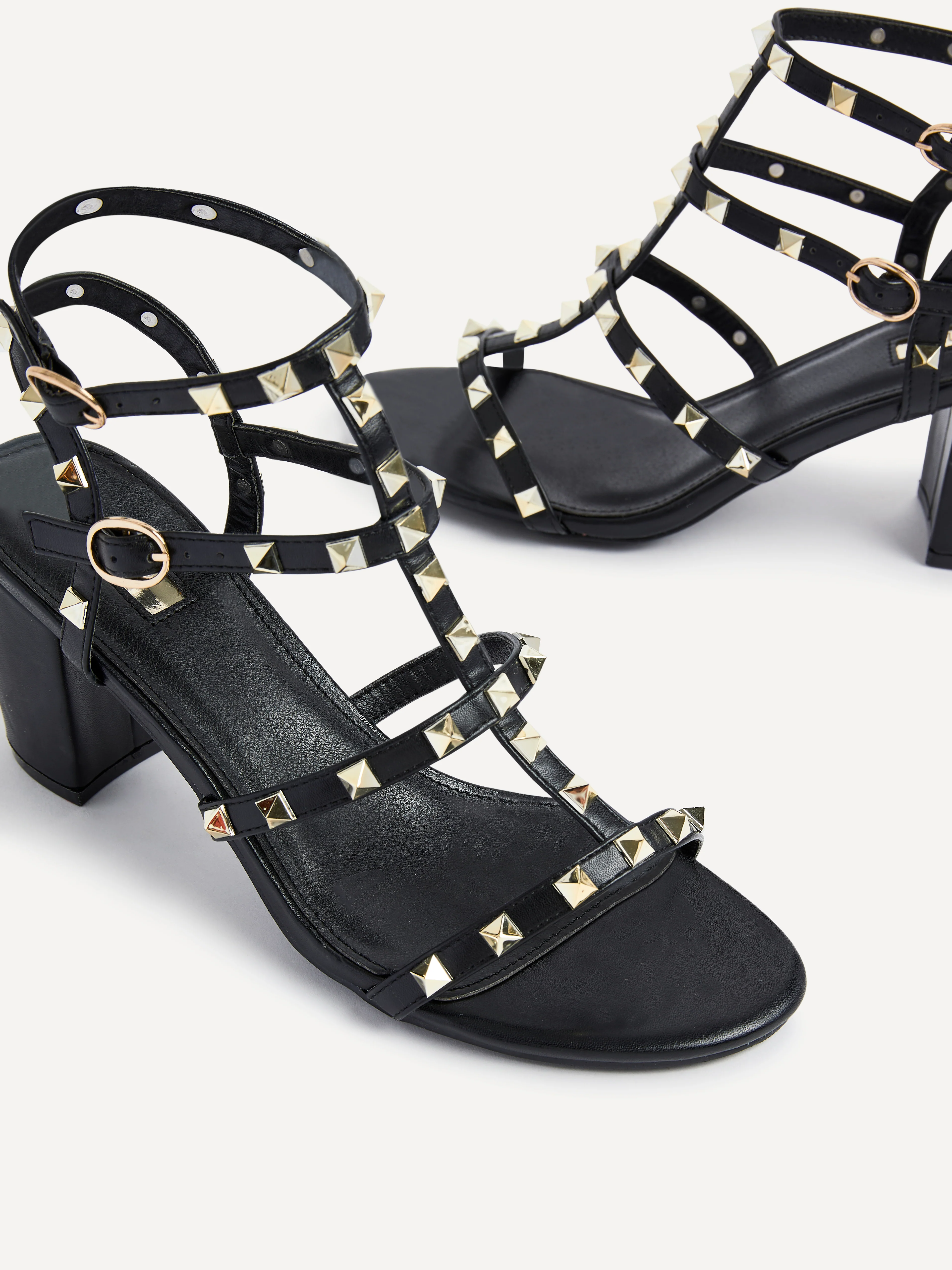 Tessa Black & Gold Studded Block Heel Sandals - Image 5