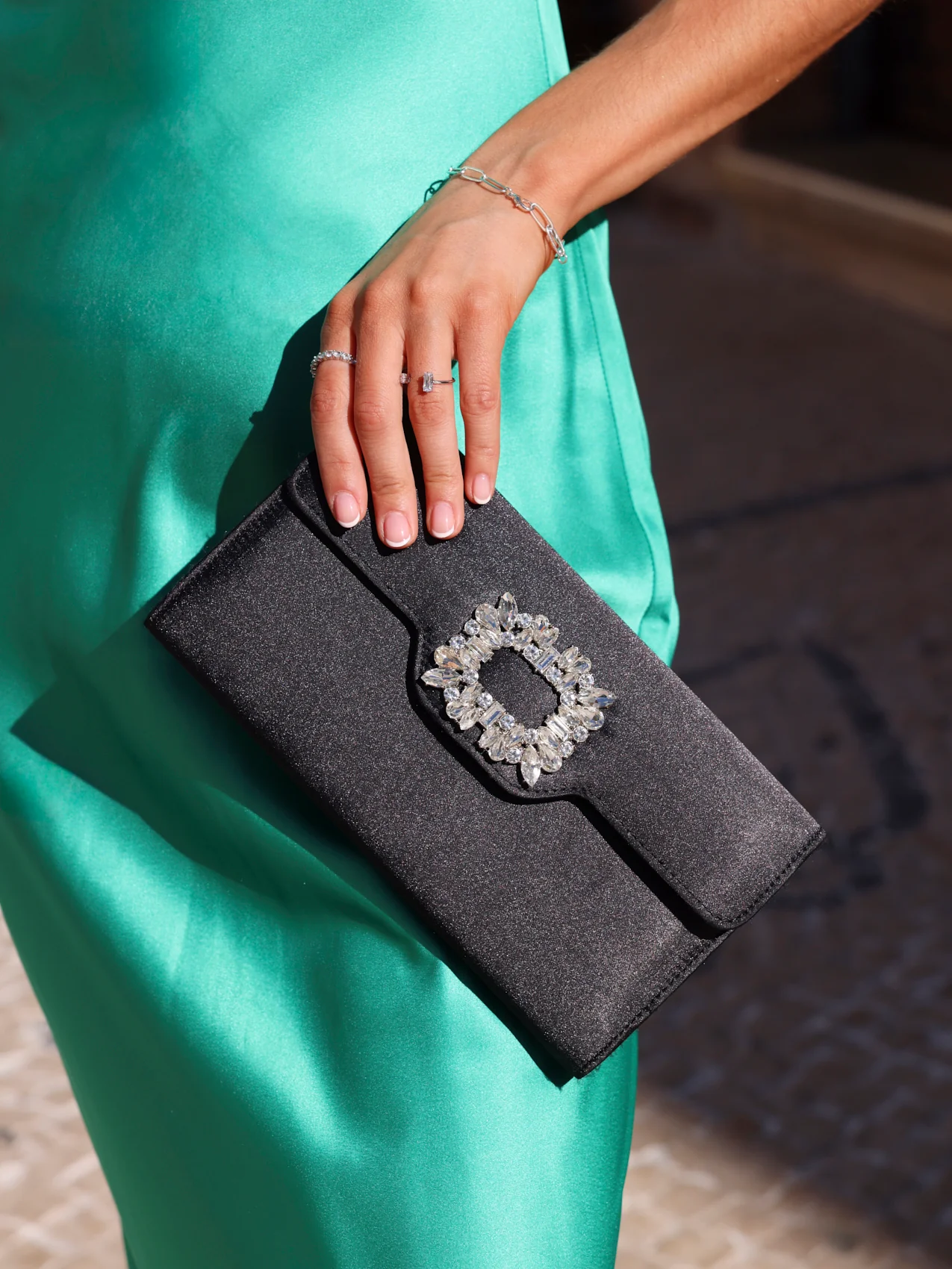Wonder Black Satin Diamante Clutch Bag - Image 6